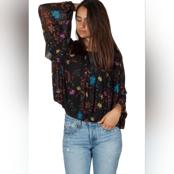 FREE PEOPLE Loose Women Top Puffy See Through Long Sleeve Black With Floral - Picture 2 of 15